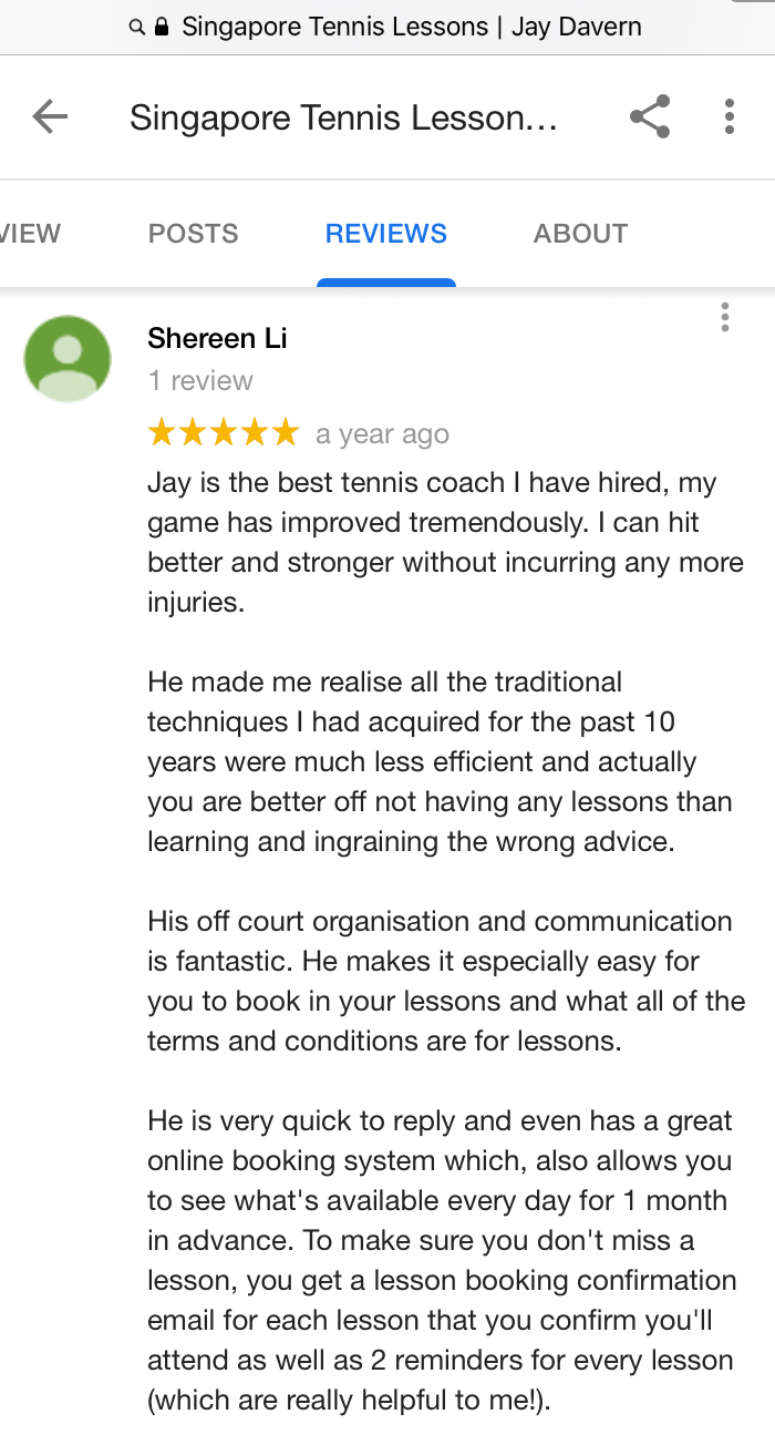 Singapore Tennis Coach reviewed by Shereen