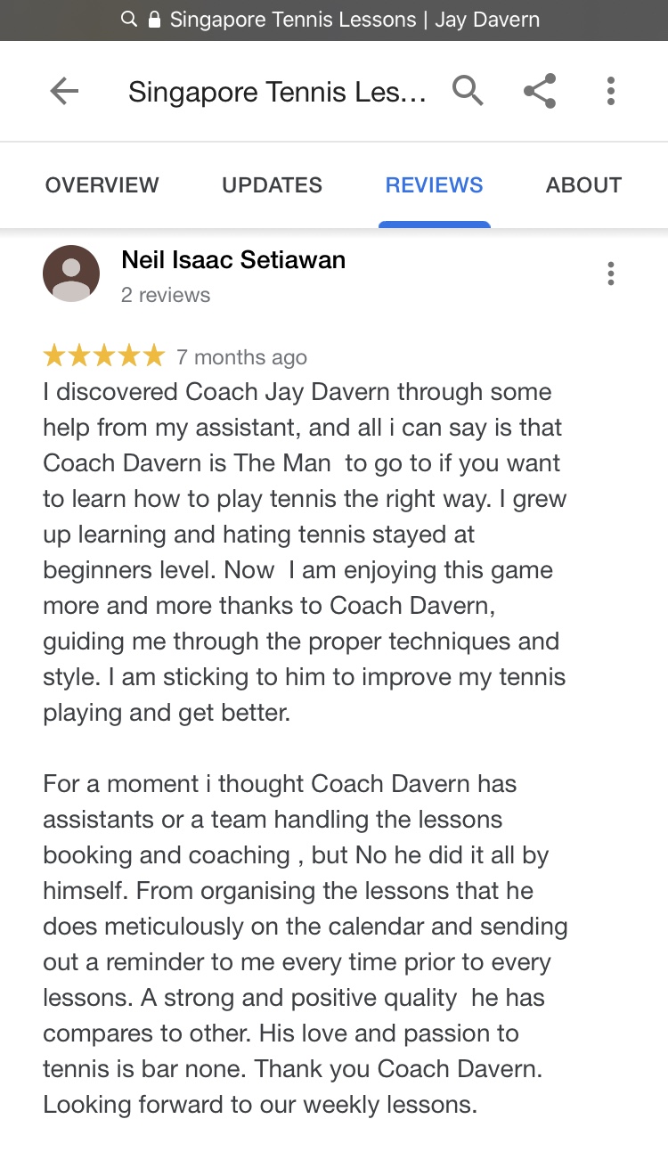 5 star review of Tennis Coach Jay Davern by Neil IS
