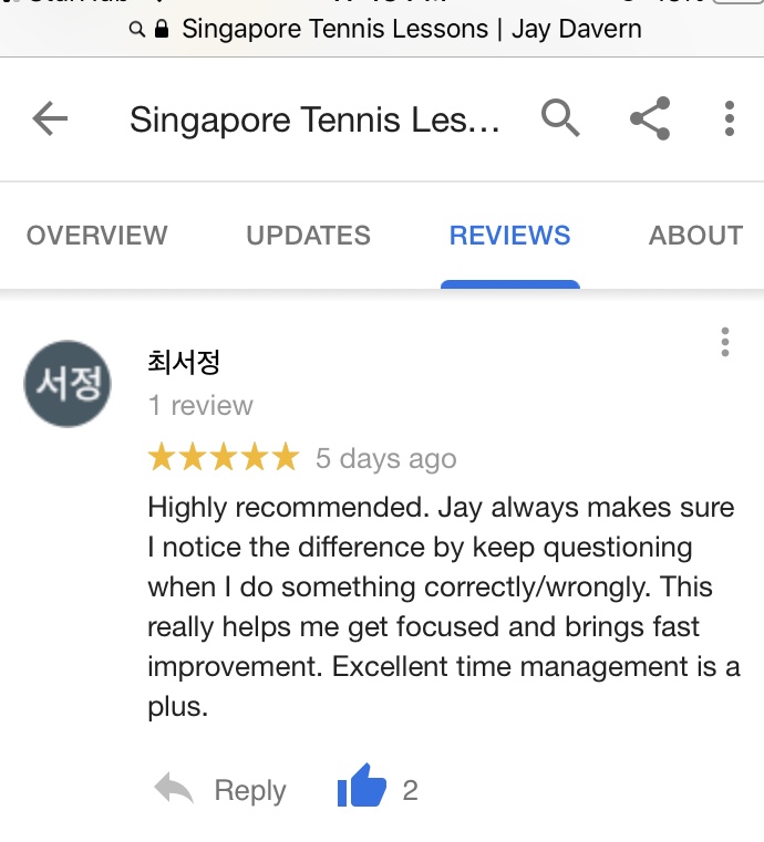 5 star review of Tennis Coach Jay Davern by Andrew Choi